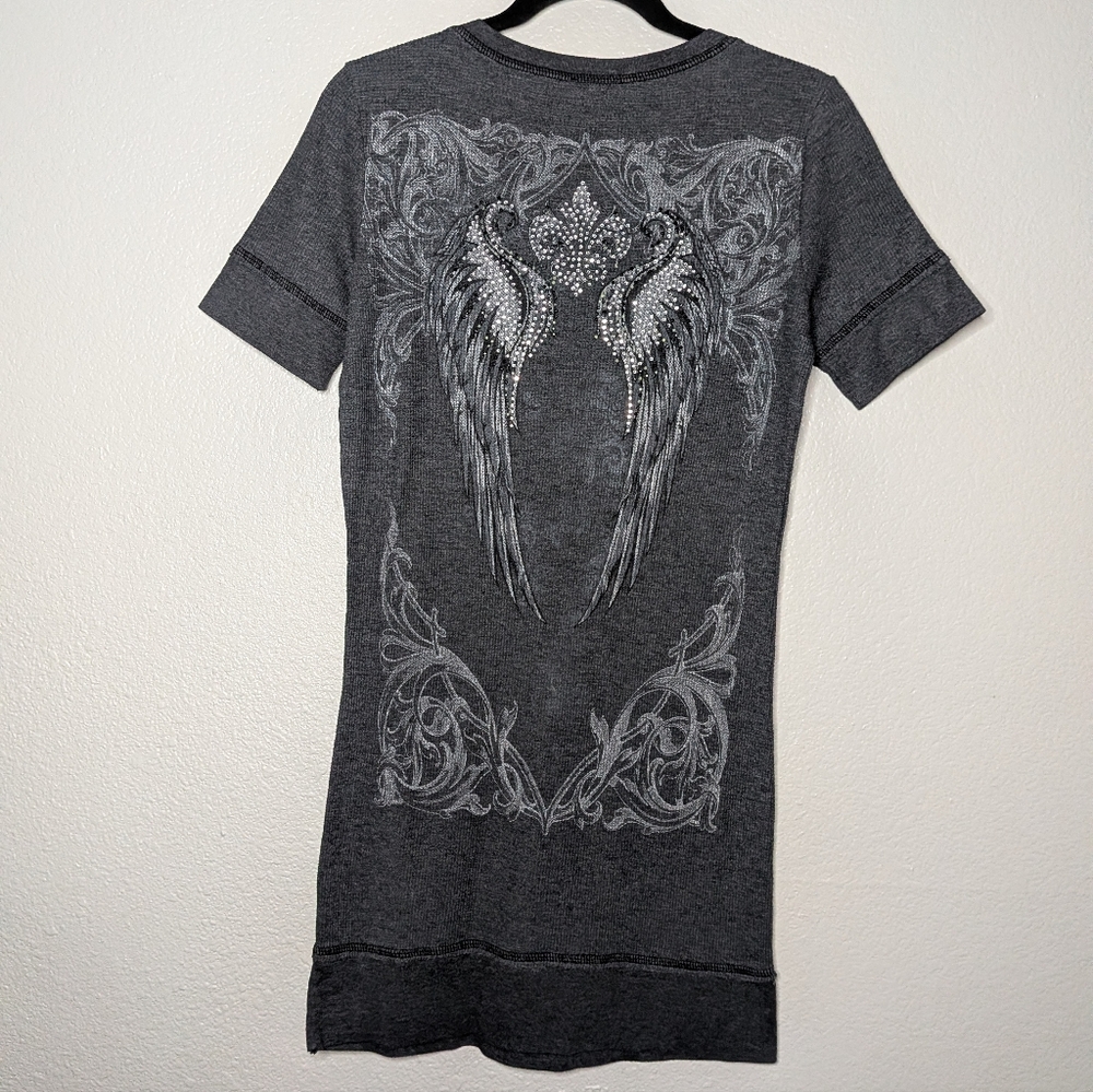 Womens Gray Y2K Vintage Fleur De Lis Wings Rhinestone Graphic Thermal Top XL - Picture 4 of 9